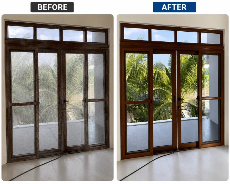 Patio door glass cleaning before and after San Clemente CA